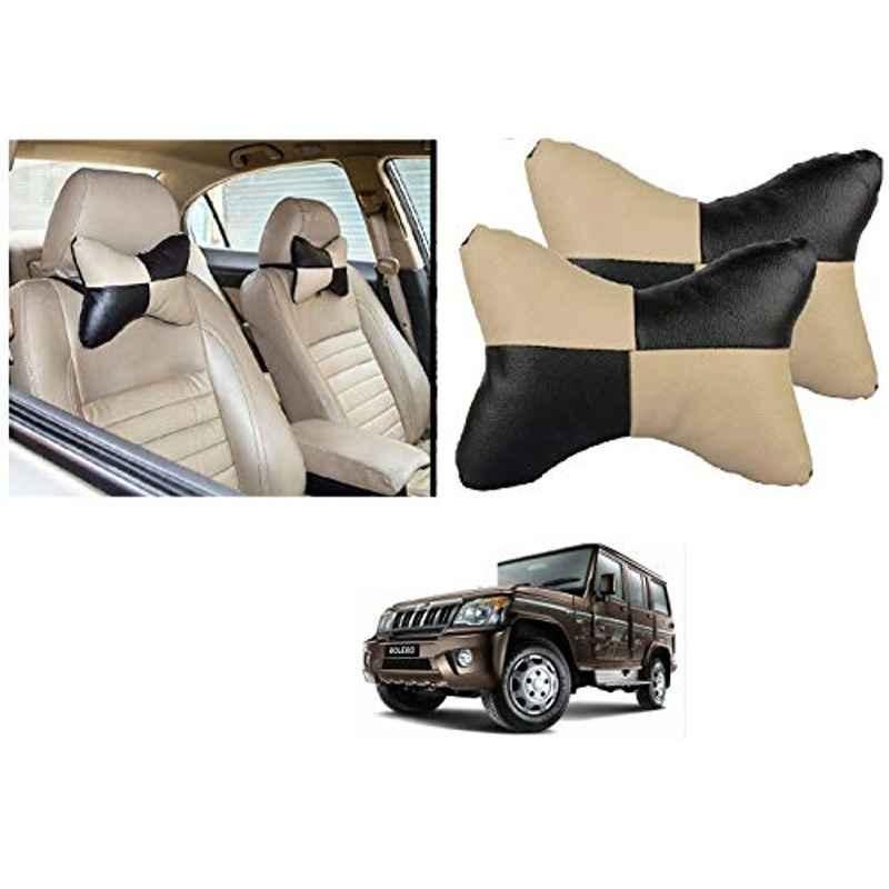 Kozdiko 2 Pcs Black & Beige Car Square Chess Design Neck Rest Seat Pillow Set for Mahindra Bolero