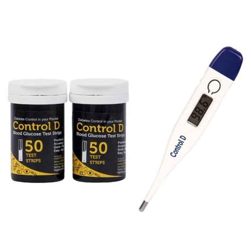 Control D 100 Pcs Blood Glucose Test Strips & Digital Thermometer Combo
