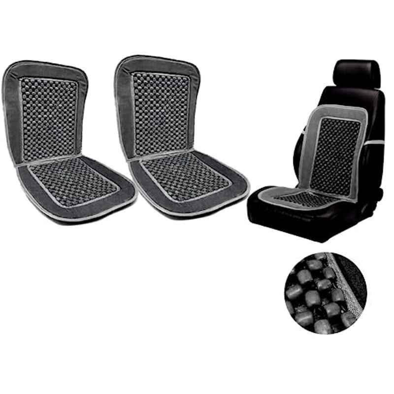 Auto Pearl PU, Velvet & Wooden Beads Grey Rectangular Seat Cushion for Hyundai i20 Type-2 (Pack of 2 )