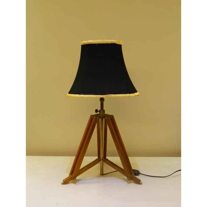 Tucasa Mango Wood Brown Tripod Table Lamp with Polycotton Black Shade, P-16