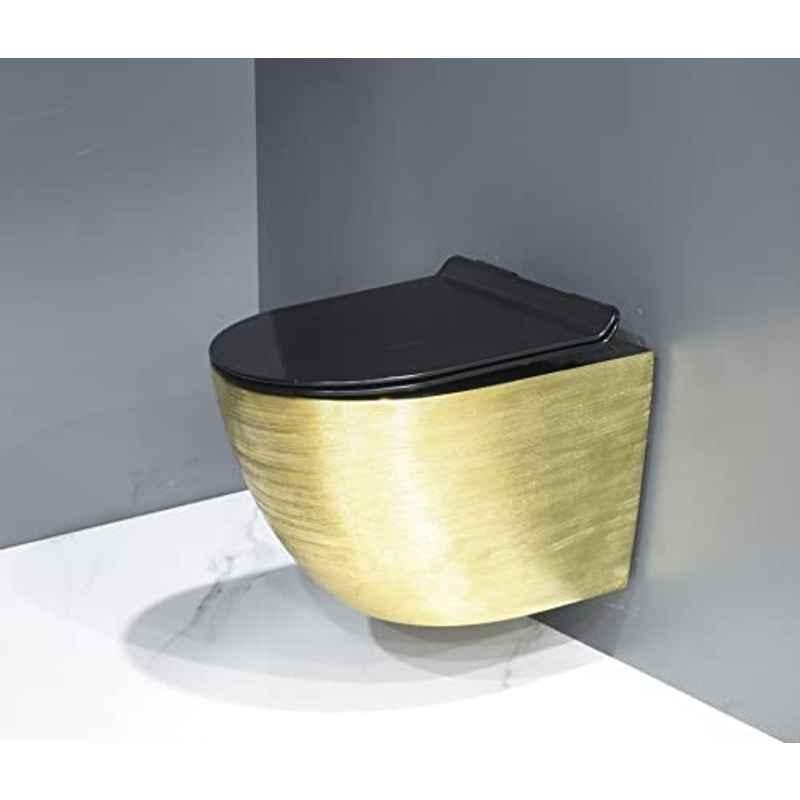 InArt Ceramic Golden Wall Mounted Rimless P Trap Western Commode with Soft Close Seat Cover, INA-228