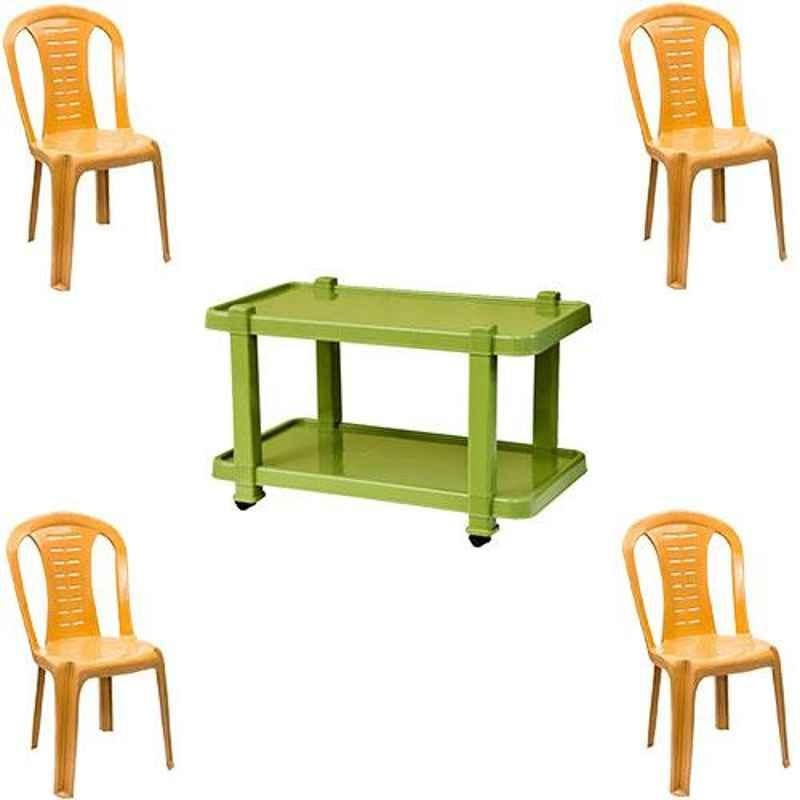 Italica 4 Pcs Polypropylene Marble Beige Without Arm Chair & Green Table with Wheels Set, 9312-4/9509