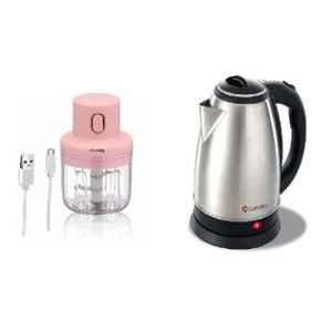 Candes Photon1CC 300g ABS Pink Electric Portable Mini Chopper with USB & Boiler1CC 2L 1500W Stainless Steel Silver & Black Electric Kettle Combo