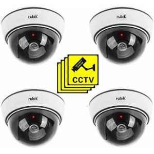 Rubik White Dummy CCTV Camera with Flashing LED Light & CCTV Sticker Sign (Pack of 4)