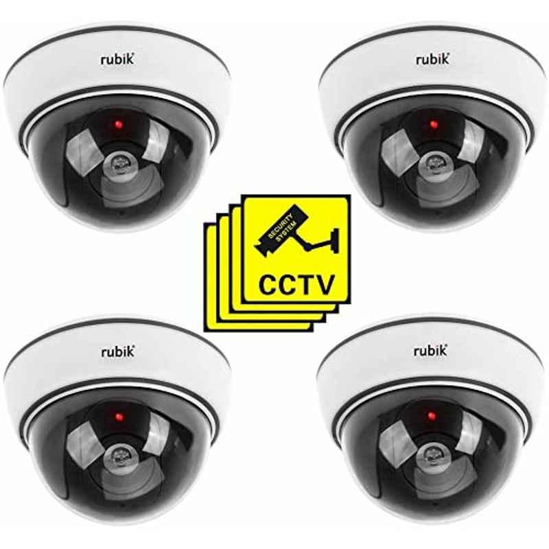 Rubik White Dummy CCTV Camera with Flashing LED Light & CCTV Sticker Sign (Pack of 4)