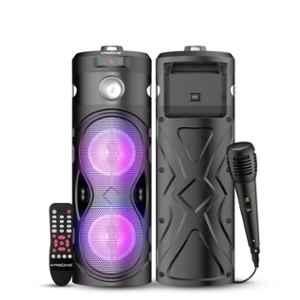Krisons Cylender 111 50W Black Portable Bluetooth Speaker with 4 inch Double Woofers, Free Wired Mic, In Built Torch, Remote Control, FM, USB & Micro SD Card Connectivity