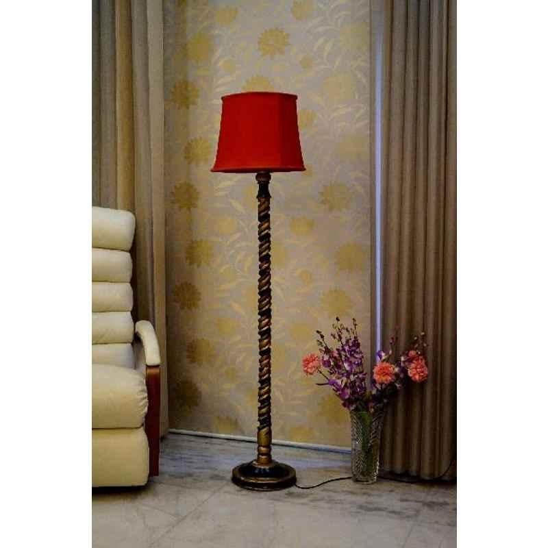 Tucasa Mango Wood Black & Gold Floor Lamp with Red Cylindrical Polycotton Shade, WF-73