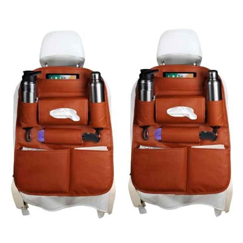 AllExtreme EXTBES2T 2 Pcs Tan PU Leather Car Seat Back Organizer Multi Pocket Travel Storage Bag Set