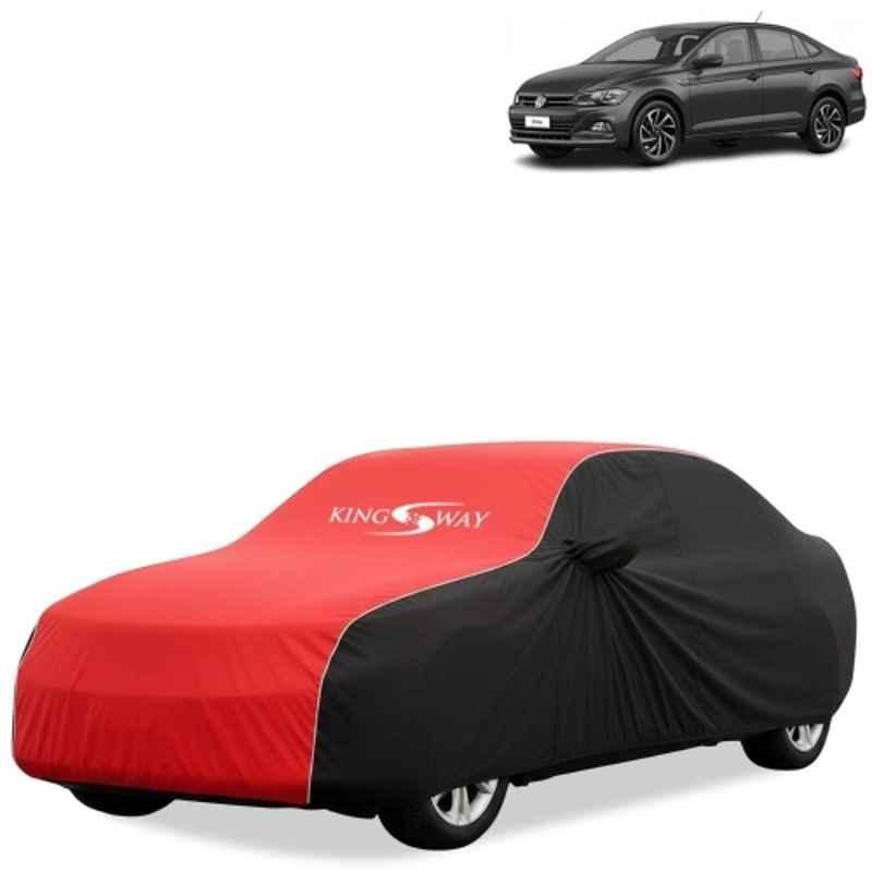 Kingsway Super Waterproof All Weather Protection Polypropylene Black & Red Car Cover for Volkswagen Virtus 2022 Onwards with Silver Piping, Mirror & Antenna Pockets