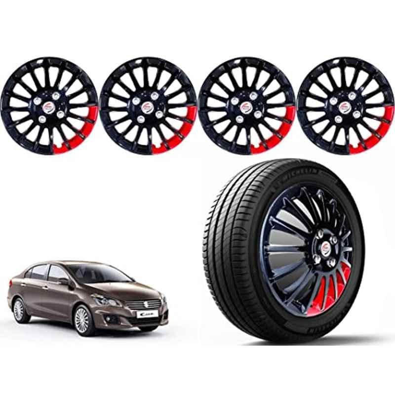 Auto Pearl 4 Pcs 15 inch ABS Black & Red Press Type Car Wheel Cover Set with Retention Ring for Maruti Suzuki Ciaz 2017