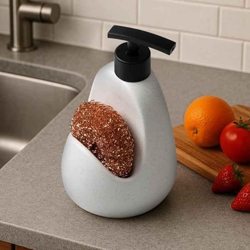 Plantex 450ml Ceramic Off White & Black Soap Dispenser with Scrubber for Wash Basin & Kitchen, APS-NZBA-443