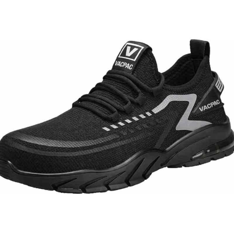 VACPAC Bold Mesh Steel Toe Black & Grey Sports Safety Shoes for Work & Daily Use, Size: 8