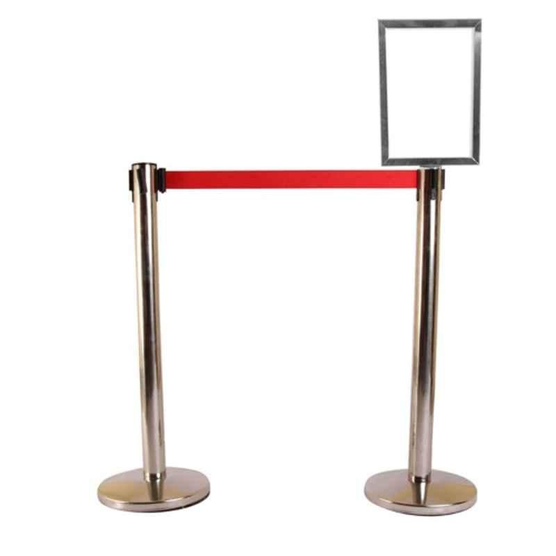 Ladwa 2 Pcs Stainless Steel Hook Type Barricade Set with 2.25m Red Belt & A4 Sign Plate, LSI-QMR-A4-P2-N