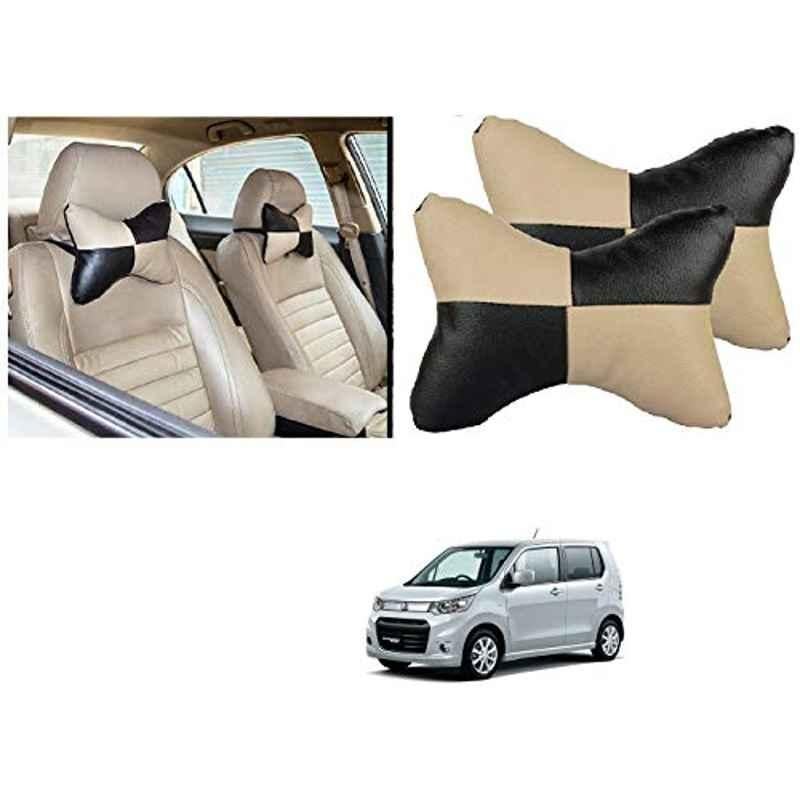 Kozdiko 2 Pcs Black & Beige Car Square Chess Design Neck Rest Seat Pillow Set for Maruti Suzuki Wagon R Stingray