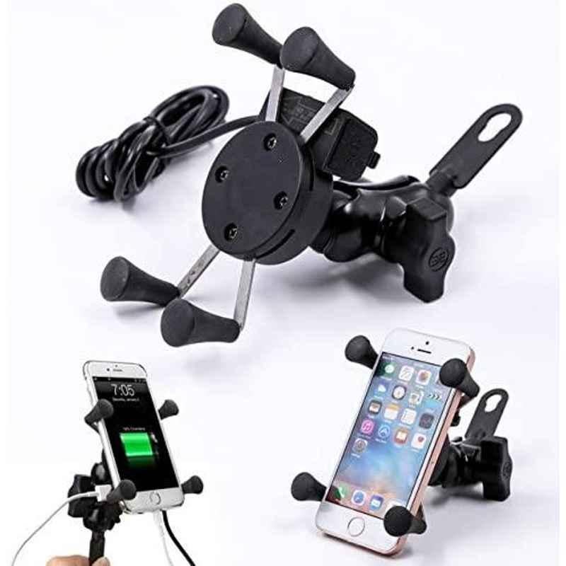 AOW Bike X-Grip Mobile Phone Holder with USB Charger for Mahindra Duro (Mirror Fitting)
