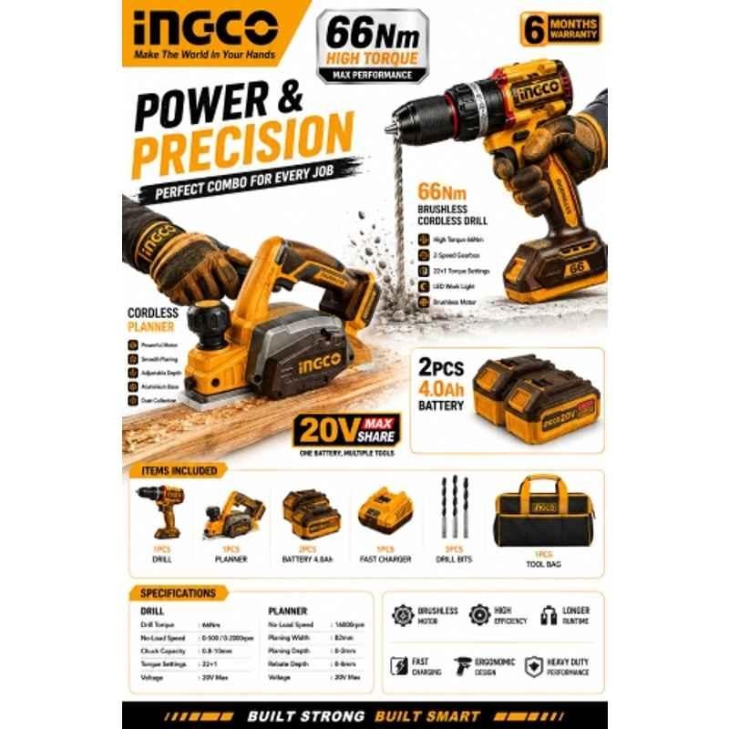Ingco 0.8-10mm 20V 66Nm Cordless Impact Drill & 16000rpm Planer Combo