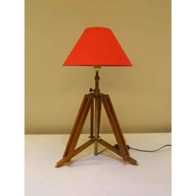 Tucasa Mango Wood Brown Tripod Table Lamp with Polycotton Red Shade, P-3