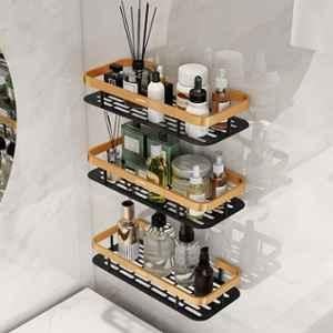 Plantex Self Adhesive Bathroom Shelf for Wall/Stainless Steel Rack with Aluminium Railing & Magic Stickers/Bathroom Organiser - Pack of 3 (12x5 inches, Gold & Black)
