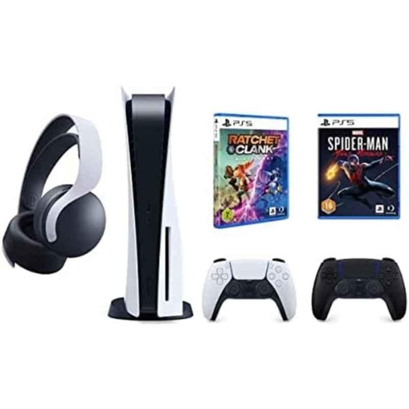 Sony Playstation 5 Disc Standard Edition Console Spiderman Miles Morales, Ratchet & Clank, Extra Pulse 3D Headset & Dualsense Controller Set