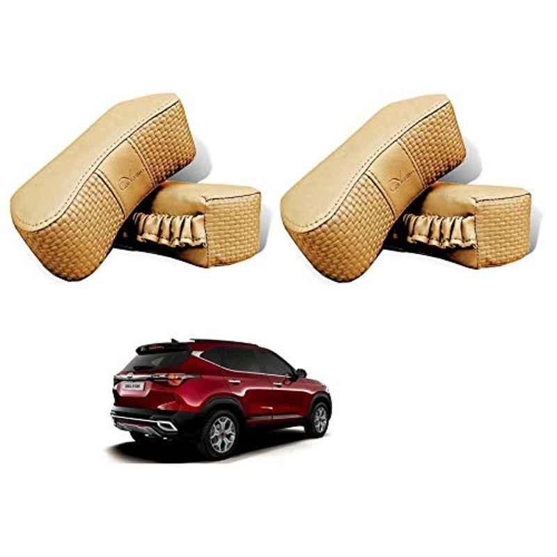 Kozdiko 4 Pcs CV Designer Beige Leatherite Neck Rest Car Cushion Pillow Set for Kia Seltos