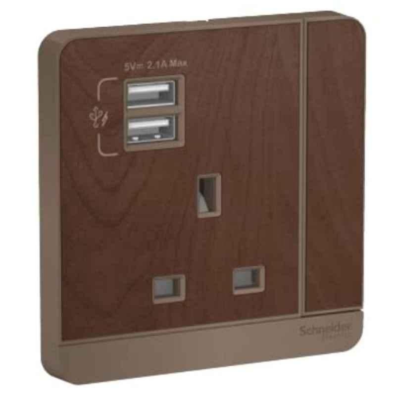 Schneider AvatarOn 13A 3 Pole Polycarbonate Wood 2 USB Charger with Switched Socket , E8315USB-WD-G11