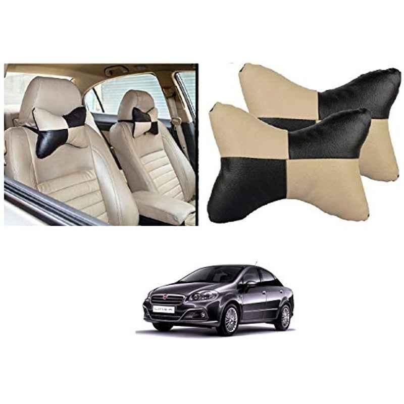 Kozdiko 2 Pcs Black & Beige Car Square Chess Design Neck Rest Seat Pillow Set for Fiat Linea