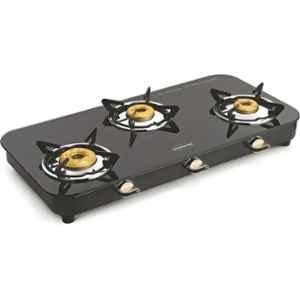 Padmini 3 Burner Stainless Steel Black Automatic Ignition Glass Top Gas Stove, 3BR CS-3 GT Grand HF
