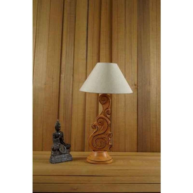 Tucasa Mango Wood Orange Carving Table Lamp with 10 inch Polycotton Off White Pyramid Shade, WL-94