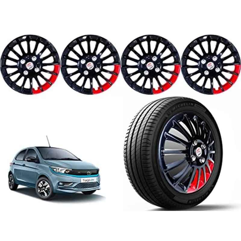 Auto Pearl 4 Pcs 14 inch Polypropylene Black & Red Press Type Car Wheel Cover Set with Retention Ring for Tata Tiago EV 2022