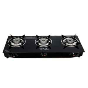 Sigri-Wala Surya Prime Cook 3 Burner Plain Toughened Glass Black Manual Gas Stove