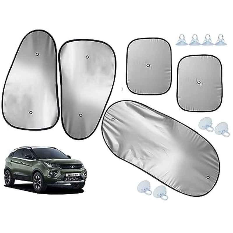 Auto Pearl 5 Pcs Polyester Black & Silver Window & Rear Sun Shade Set for Tata Nexon 2020