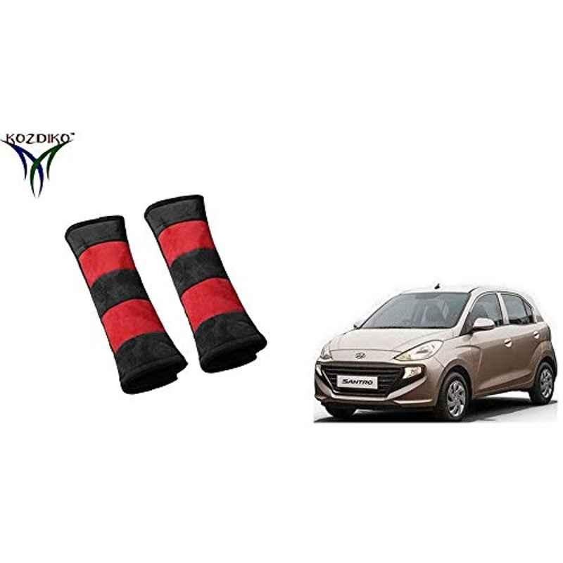Kozdiko 2 Pcs Valvet Red & Black Seat Belt Cushion Pillow Set for Hyundai Santro 2018