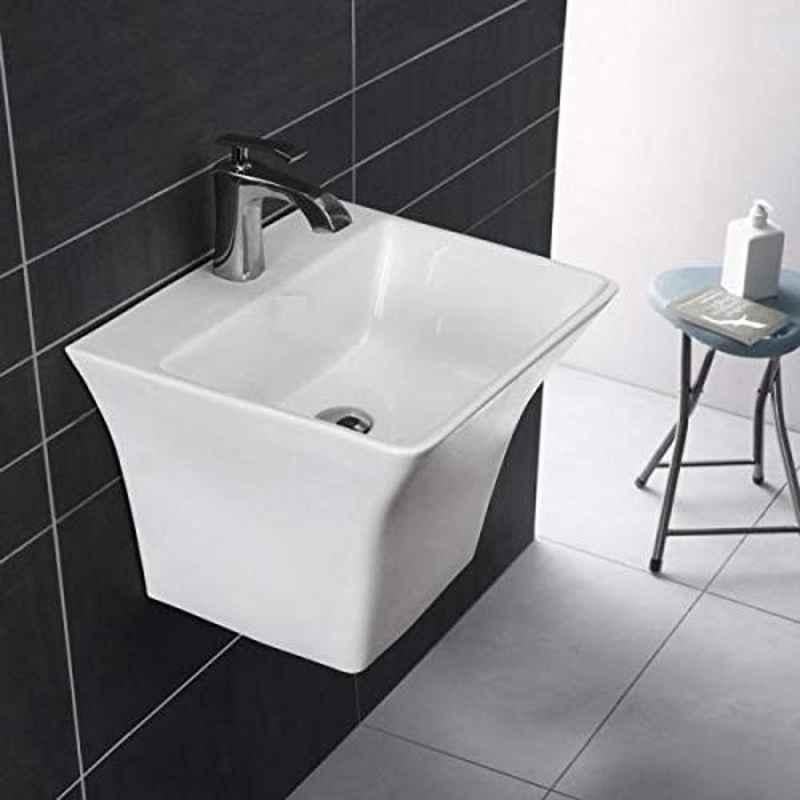 Generic Wall Hung Premium Ceramic Wash Basin/Vessel Sink With Slim Rim For Bathroom, 17.5 X 17 Half Pedestal, (White, Polished Finish)