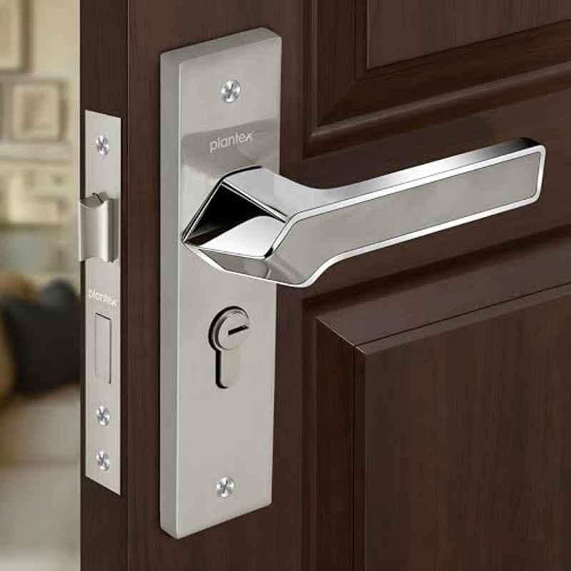 Plantex Heavy-Duty Door Lock/Door Handle Set with 3 Years of Warranty/Mortise Lock with 3 Keys, Brass Lockbody & Cylinder 8133 Satin Steel & Chrome