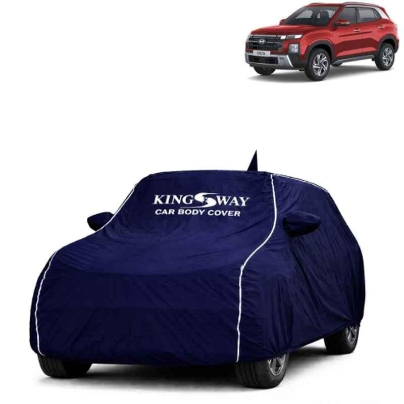 Kingsway Super Waterproof All Weather Protection Polypropylene Blue Car Cover for Hyundai Creta 2024 Onwards with Silver Piping, Mirror & Antenna Pockets
