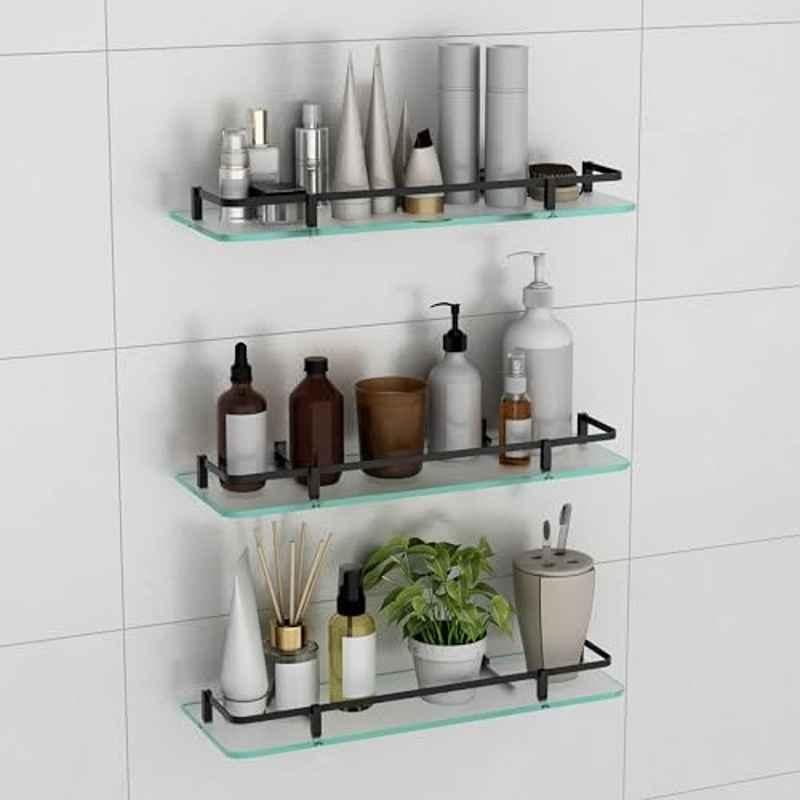 Plantex 18x6 inch Frosted Wall Mounted Bathroom Shelves/Glass Shelves for Kitchen/Living Room with Black Brass Railings (Pack of 3)