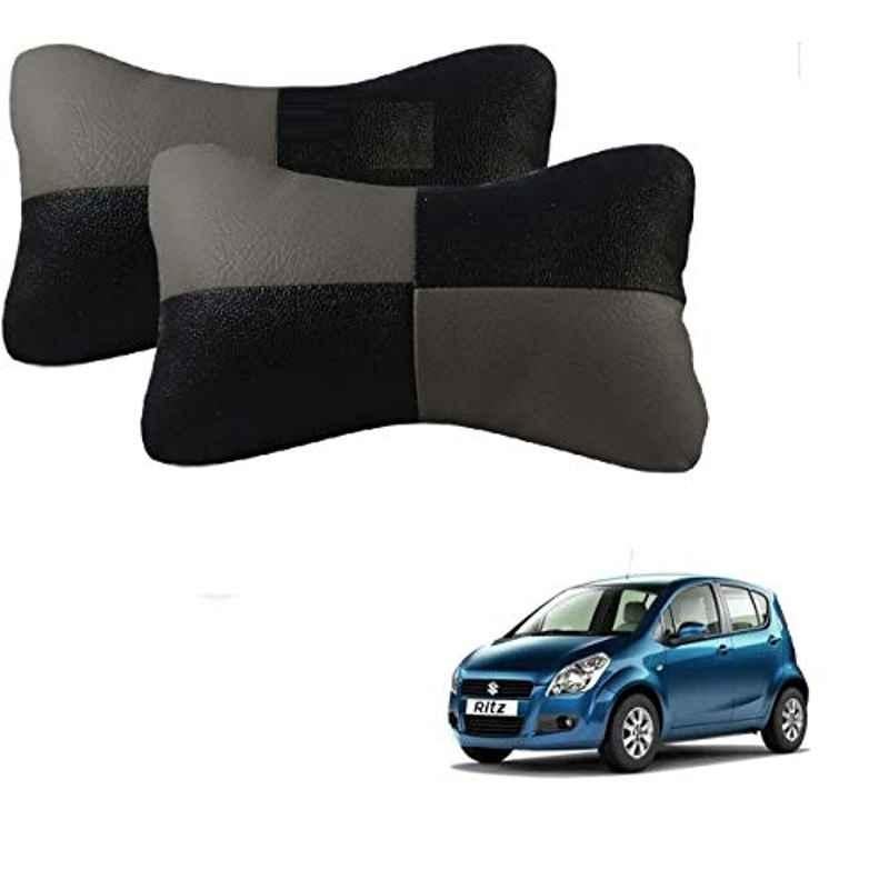 Kozdiko 2 Pcs Leather Grey & Black Neck Rest Car Cushion Pillow Set for Maruti Suzuki Ritz