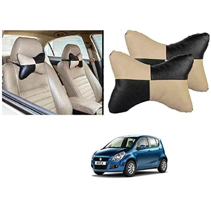 Kozdiko 2 Pcs Black & Beige Car Square Chess Design Neck Rest Seat Pillow Set for Maruti Suzuki Ritz