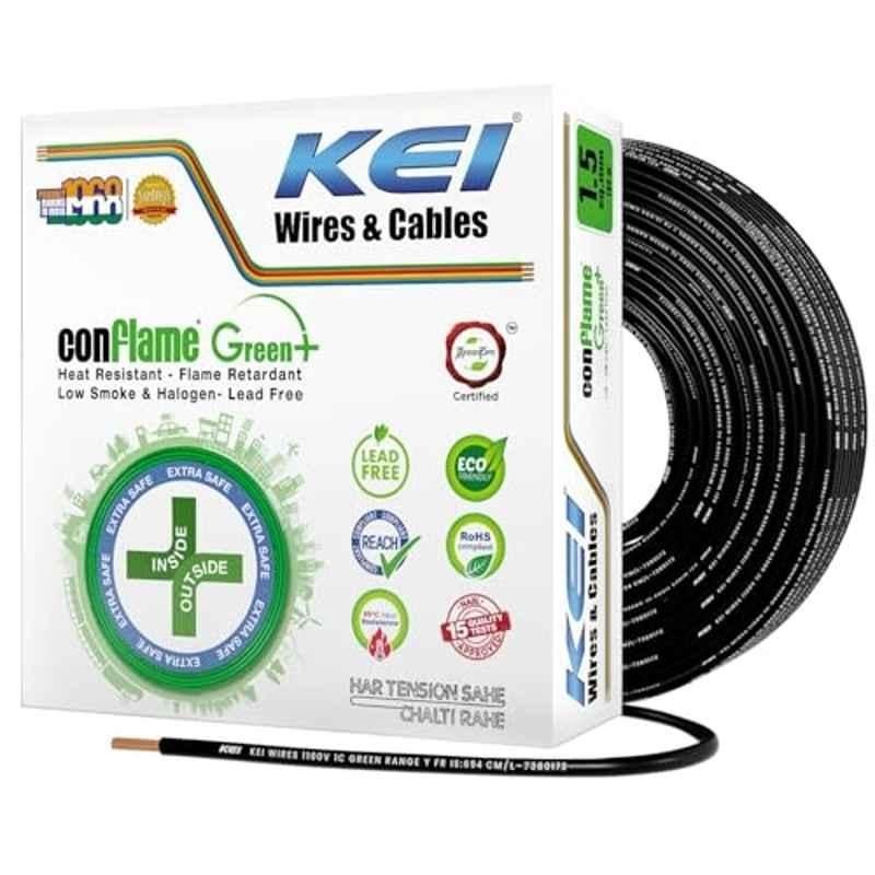 KEI Conflame Green Plus 1.5Sqmm Black PVC Insulated 99.97% Copper FRLSH House Wire for Domestic & Industrial Electrical Wiring, Length: 180 m