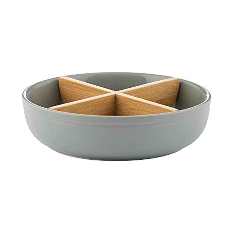 Typhoon World Foods 1401.519 21cm Stoneware Grey Round Serving Dish Bowl with Wooden Sections
