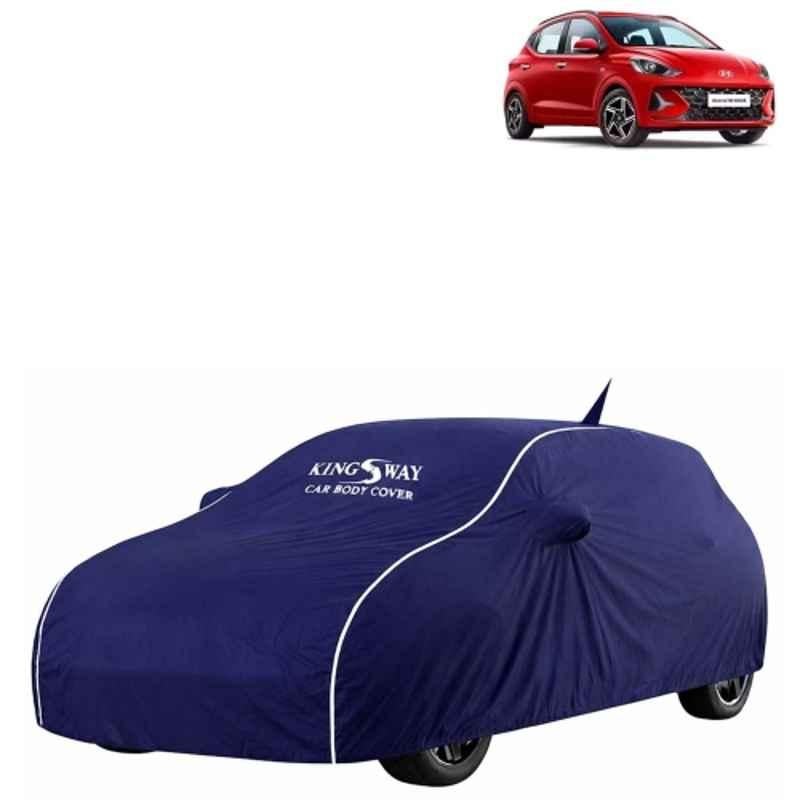 Kingsway Super Waterproof All Weather Protection Polypropylene Blue Car Cover for Hyundai Grand I10 Nios 2023 Onwards with Silver Piping, Mirror & Antenna Pockets