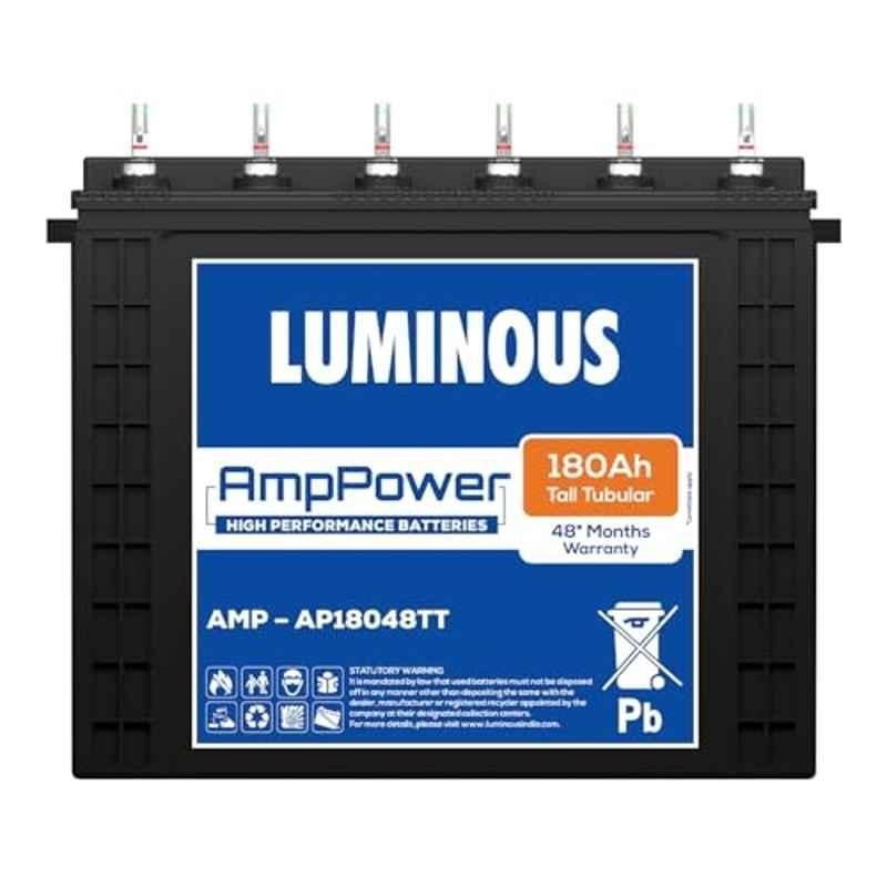 Luminous AmpPower AP18048TT 180Ah 12V Tall Tubular Inverter Battery with Durable, Reliable, Easy Installation & 48 Months Warranty for Homes, Offices & Shops, F1160C915180