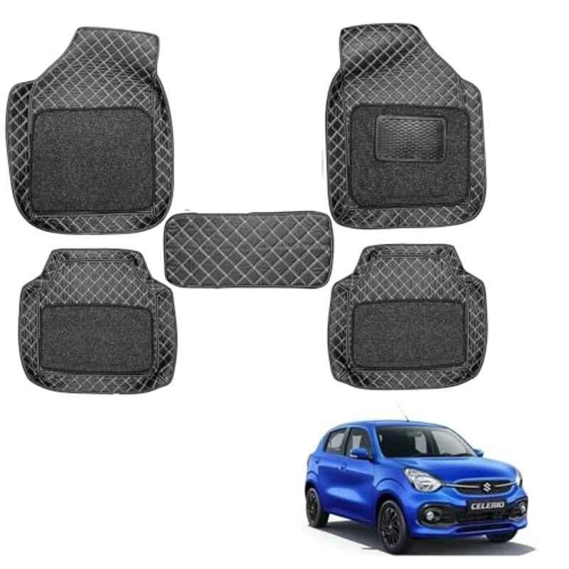 Kozdiko 5 Pcs Waterproof & Luxury 7D Black Leatherette Car Floor Mat Set for Maruti Suzuki Celerio 2021-Present