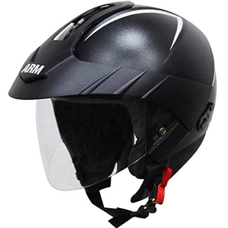 Steelbird Arm ABS Dashing Black Open Face Helmet with Peak Cap, Size: (M, 580 mm)