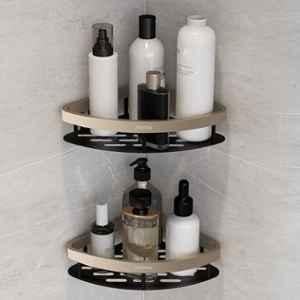 Plantex Self Adhesive Corner Shelf for Bathroom Wall/Aluminium & Stainless Steel Corner Rack/Storage Organizer/Bathroom Accessories Set- (Pack of 2) 8x8 inch, Satin & Black