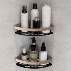 Plantex Self Adhesive Corner Shelf for Bathroom Wall/Aluminium & Stainless Steel Corner Rack/Storage Organizer/Bathroom Accessories Set- (Pack of 2) 8x8 inch, Satin & Black