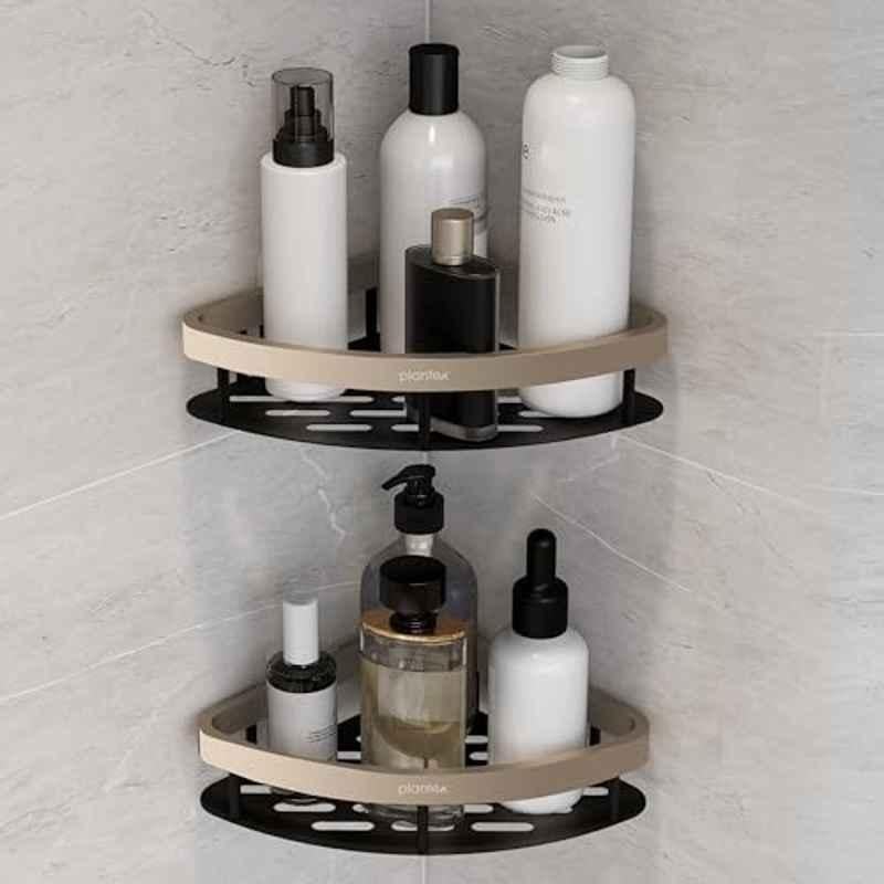 Plantex Self Adhesive Corner Shelf for Bathroom Wall/Aluminium & Stainless Steel Corner Rack/Storage Organizer/Bathroom Accessories Set- (Pack of 2) 8x8 inch, Satin & Black