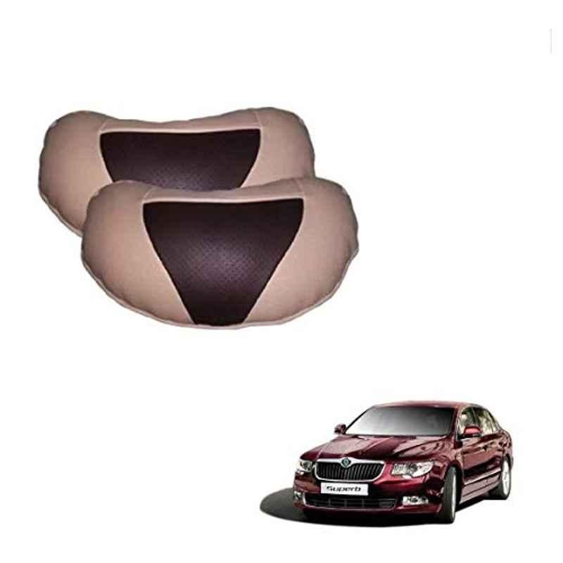 Kozdiko 2 Pcs Beige & Brown Car Neck Rest Cushion Pillow Set for Skoda Superb