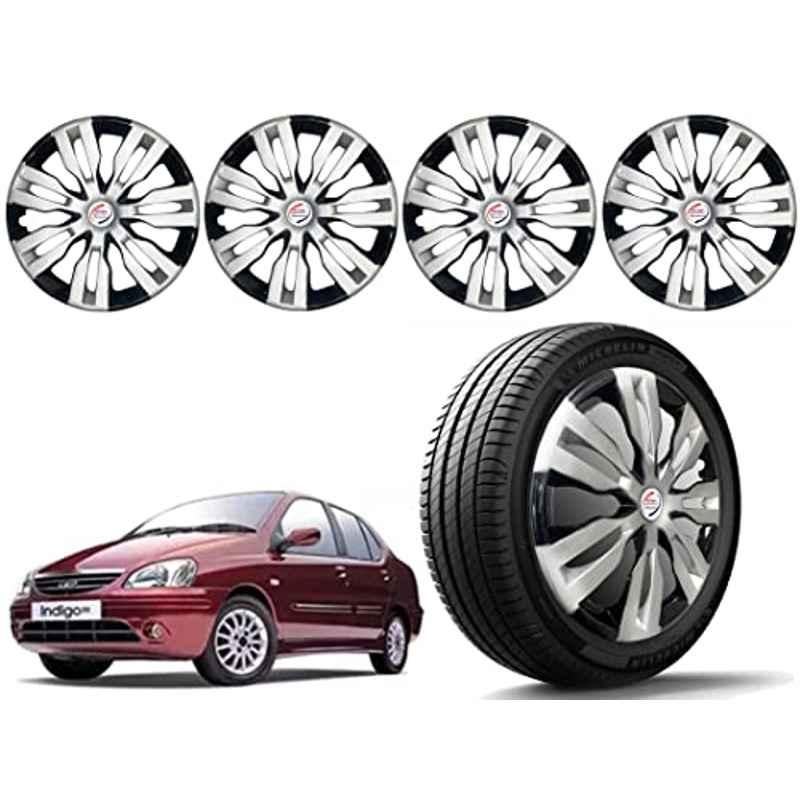 Auto Pearl 4 Pcs 14 inch Polypropylene Silver & Black Press Type Car Wheel Cover Set with Retention Ring for Tata Indigo 2002, 14WC_Dzire2017_DC_Indigo2002