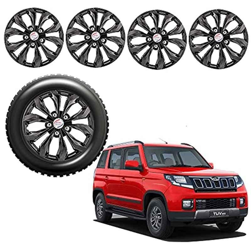 Auto Pearl 4 Pcs 15 inch ABS Black Press Type Car Wheel Cover Set with Retention Ring for Mahindra TUV300